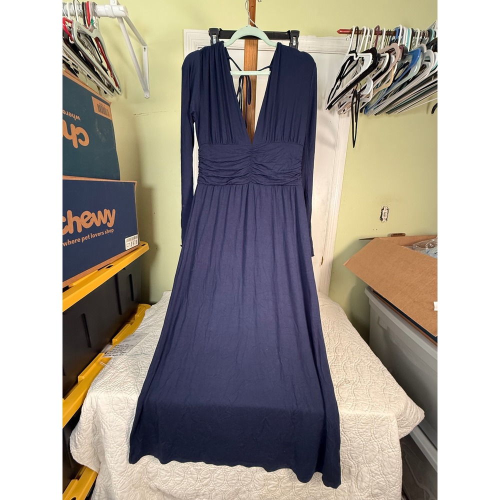 Navy Blue Deep V-Neck Ruched Waist Long Sleeve Open Back Maxi Dress Gown